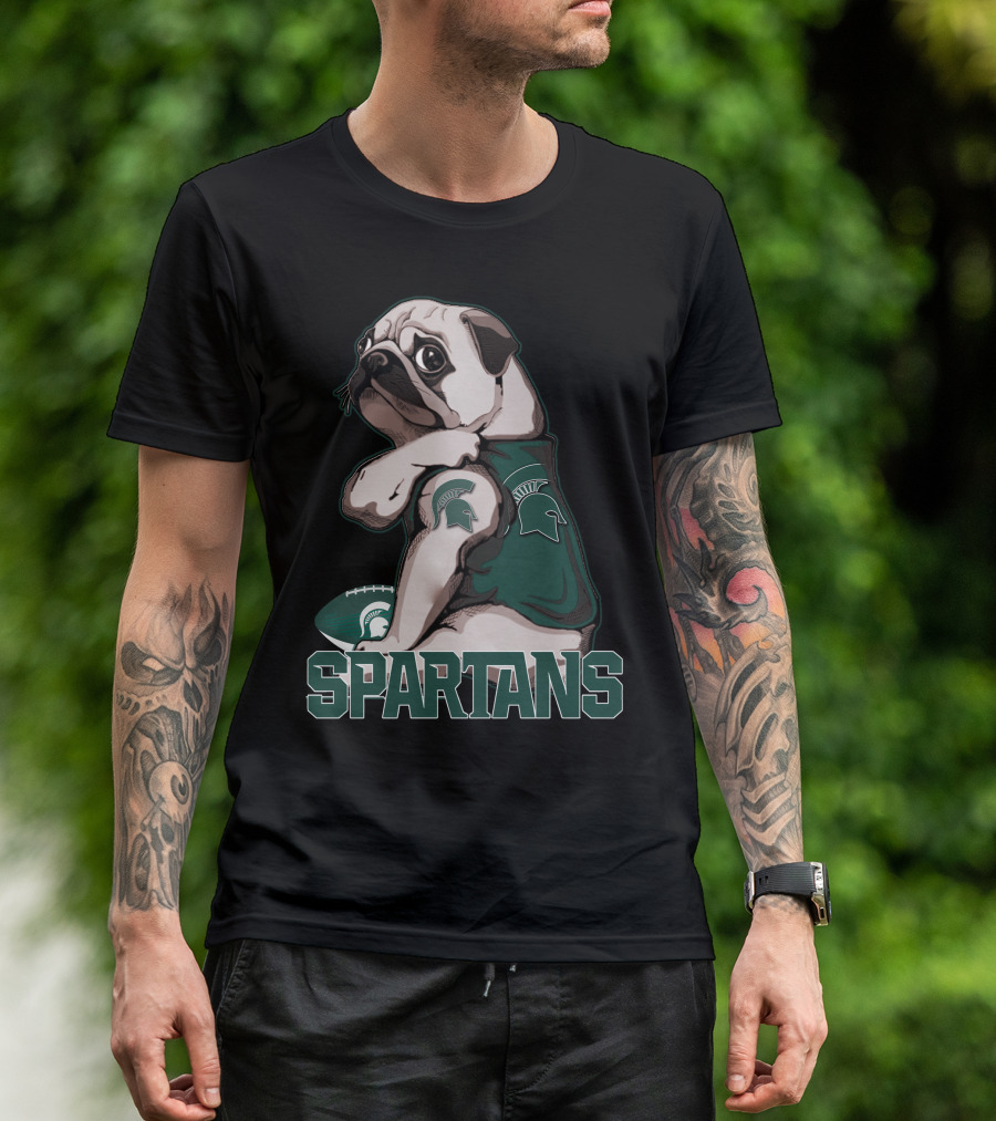 Pug Michigan State Spartans Football Fan With Spartan Helmet T-Shirt