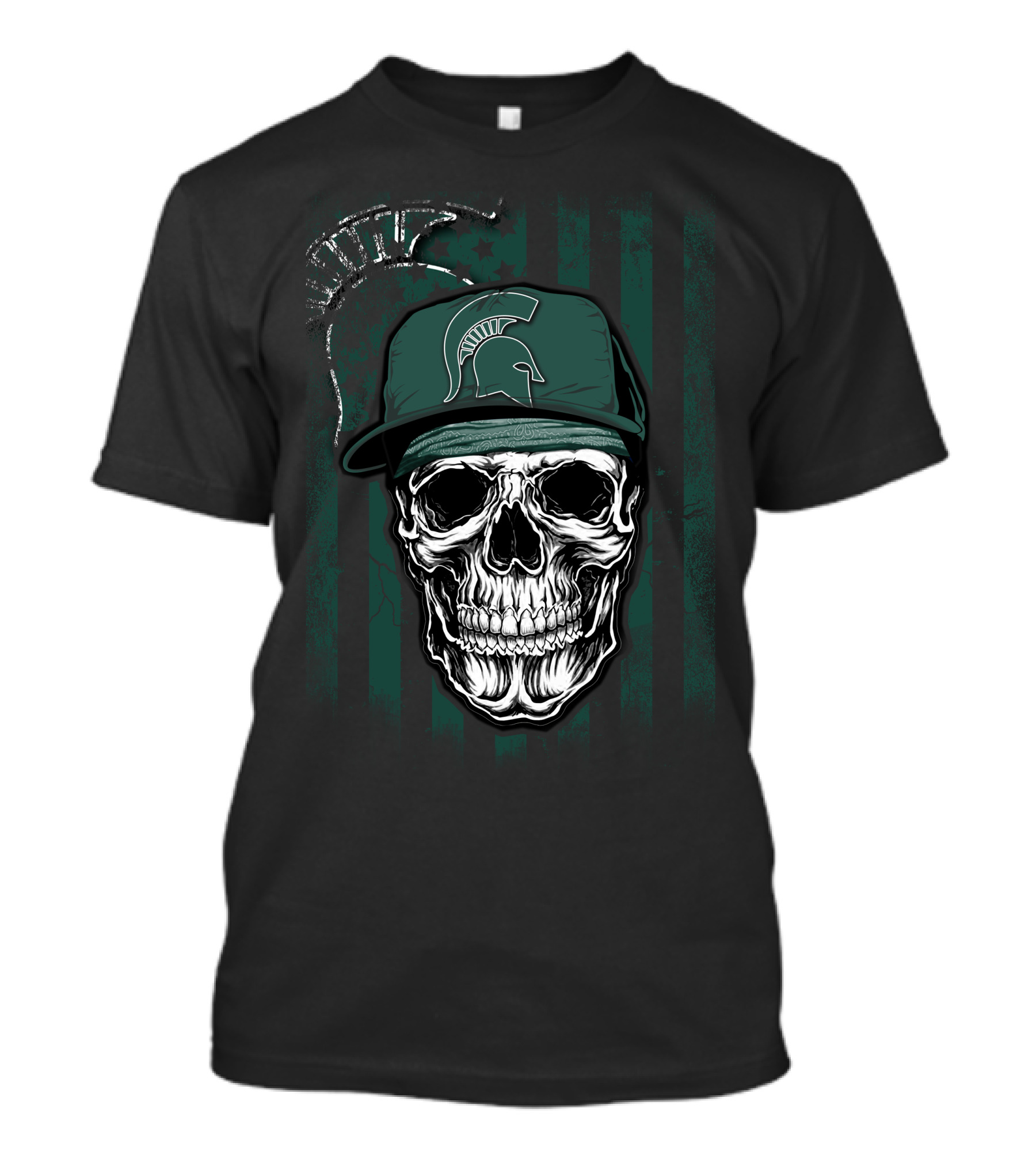 Skull Wearing Michigan State Spartans Cap On Green Stripes With Faded Text T-Shirt