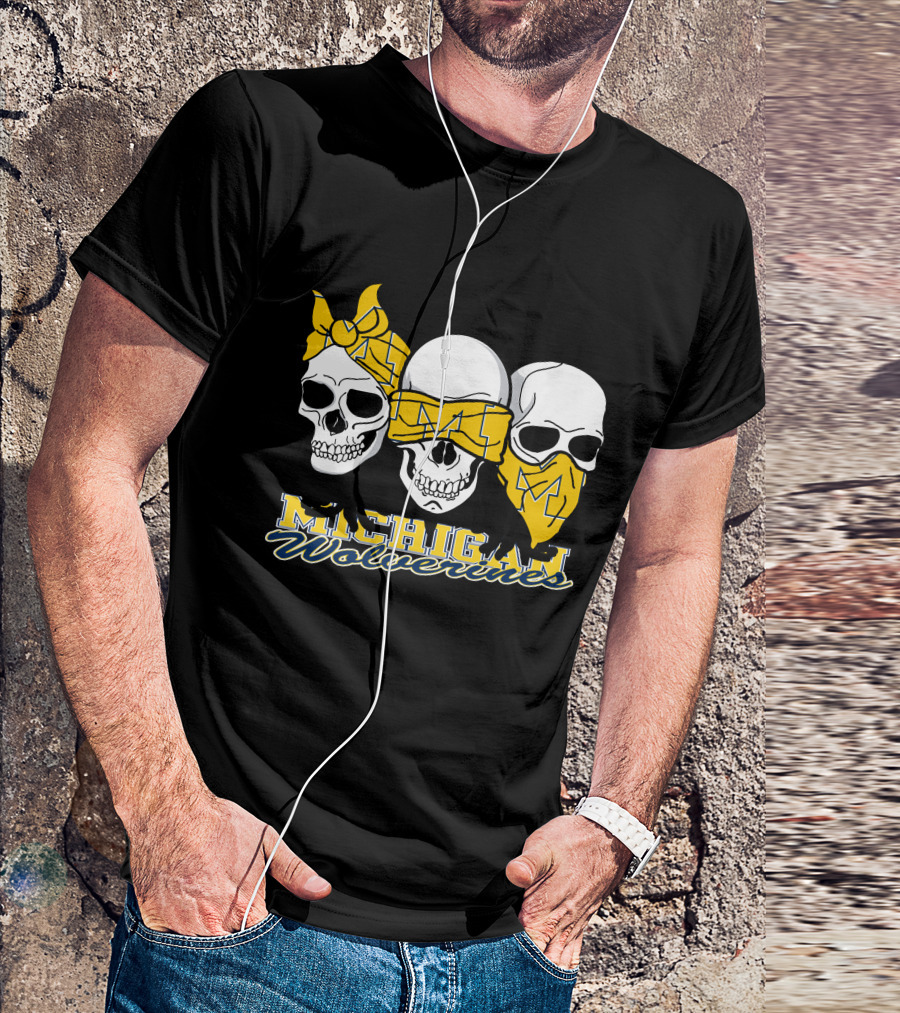 Michigan Wolverines 3 Skulls Bandana T-Shirt