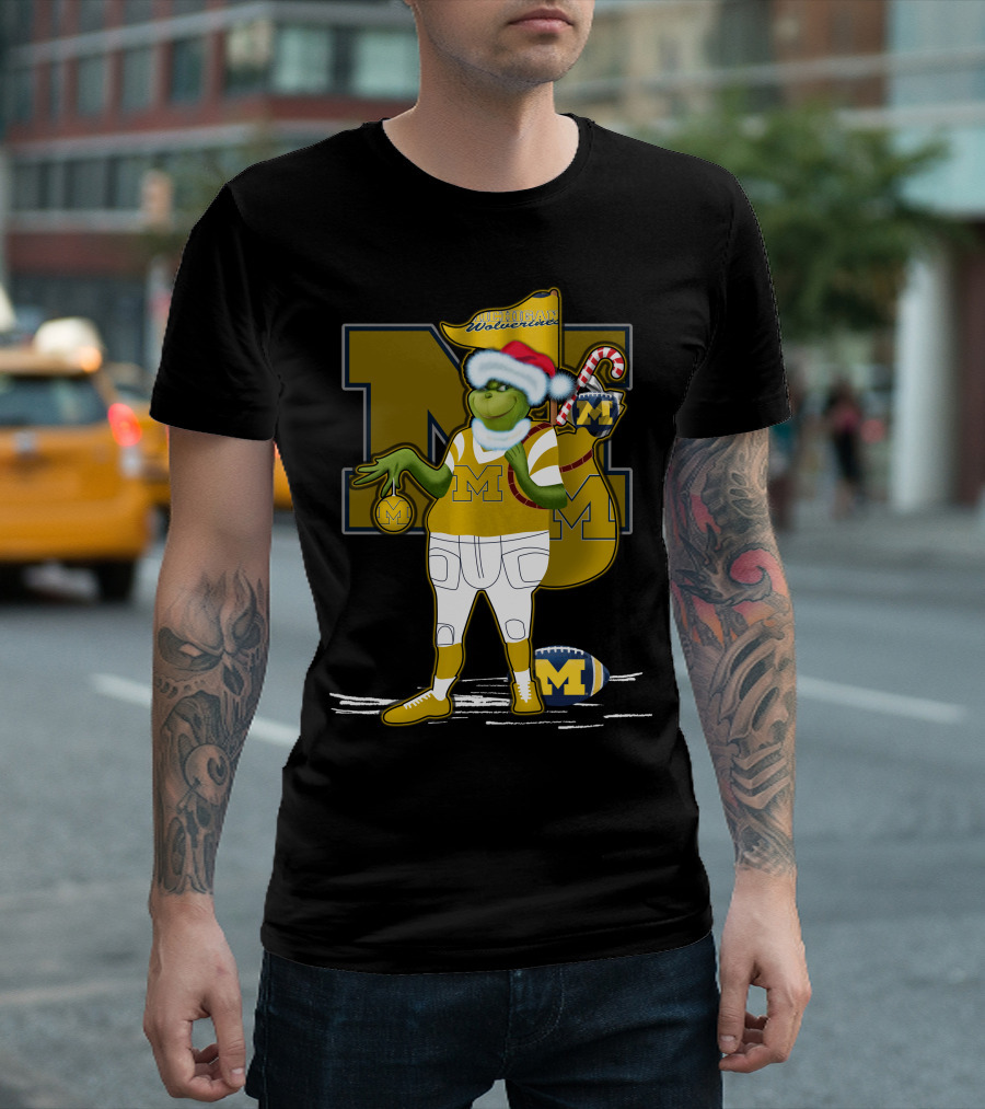 Grinchxmas Michigan Wolverines Santa Hat Football Candy Cane T-Shirt