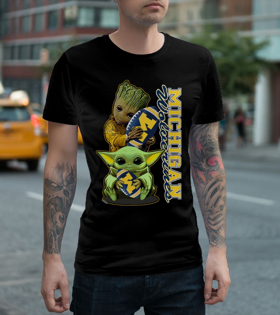 Michigan Wolverines Grogu And Groot Football T-Shirt