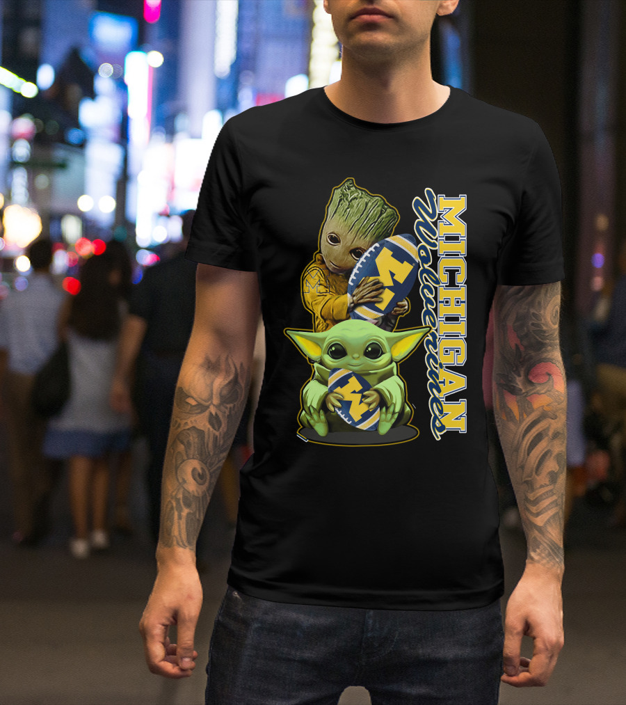 Michigan Wolverines Grogu And Groot Football T-Shirt