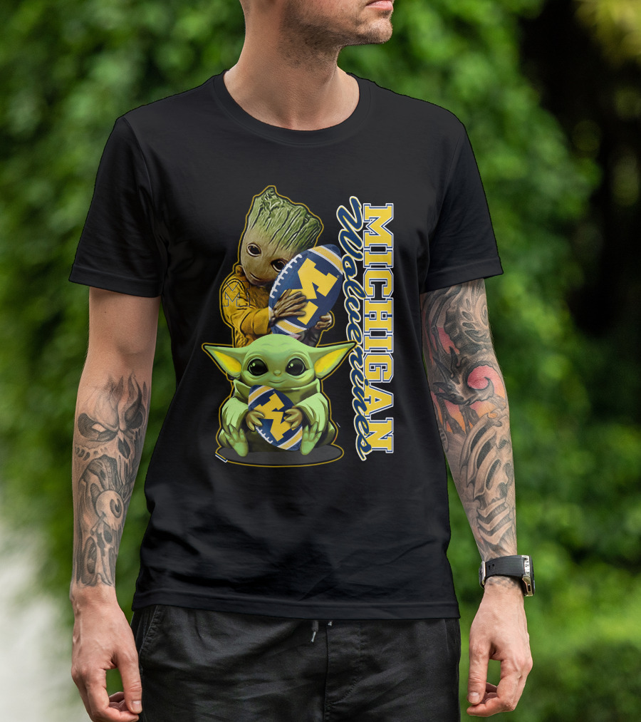Michigan Wolverines Grogu And Groot Football T-Shirt