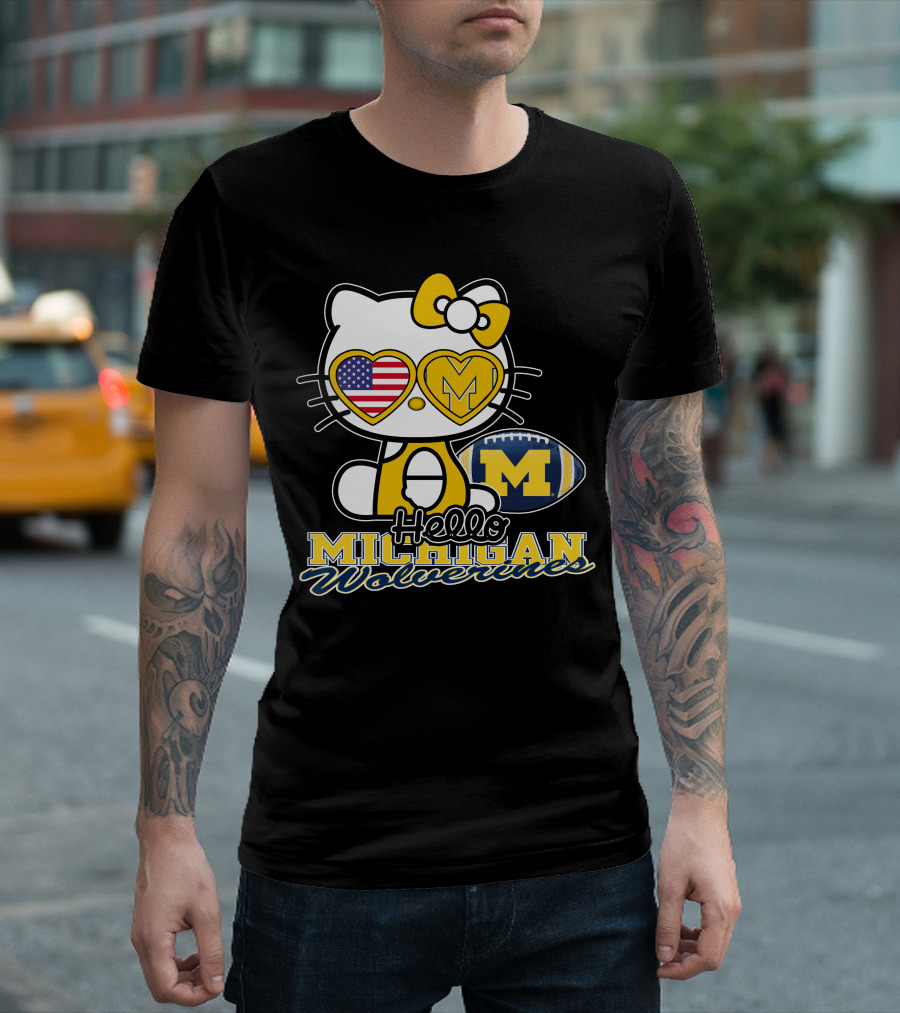 Hello Kitty Michigan Wolverines American Flag Football T-Shirt