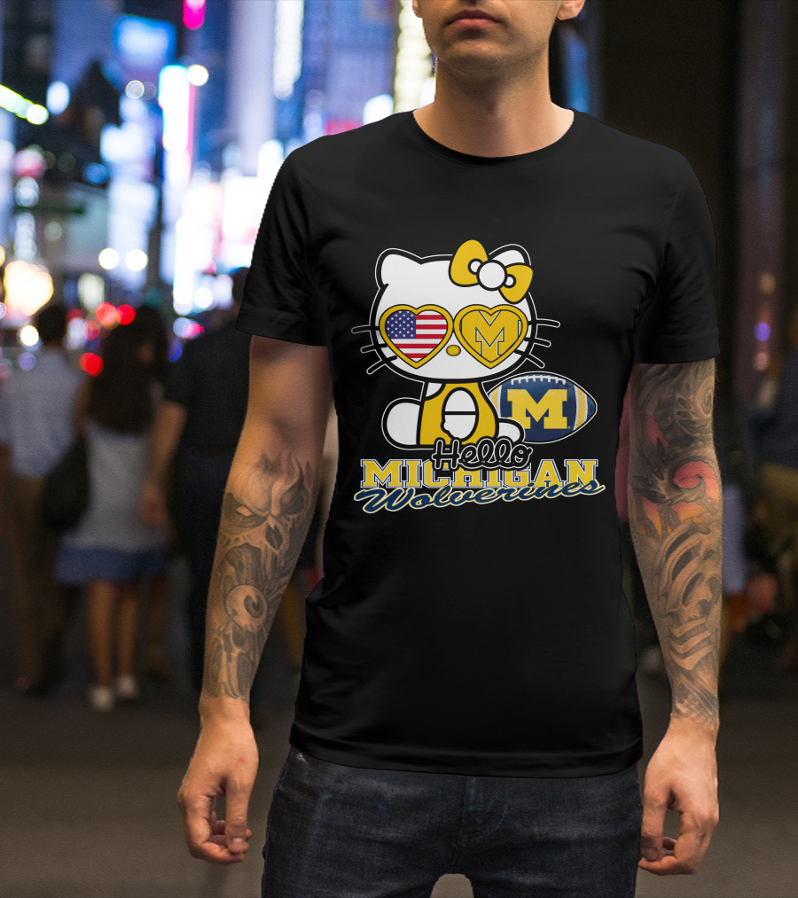 Hello Kitty Michigan Wolverines American Flag Football T-Shirt