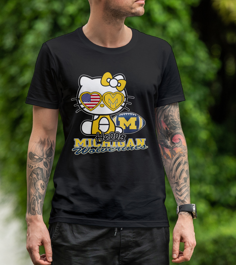 Hello Kitty Michigan Wolverines American Flag Football T-Shirt