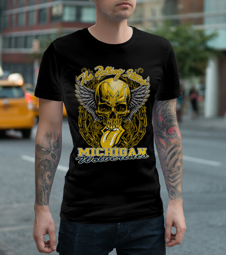 The Rolling Stones Michigan Wolverines Skull With Winged Helmet And Classic Tongue T-Shirt