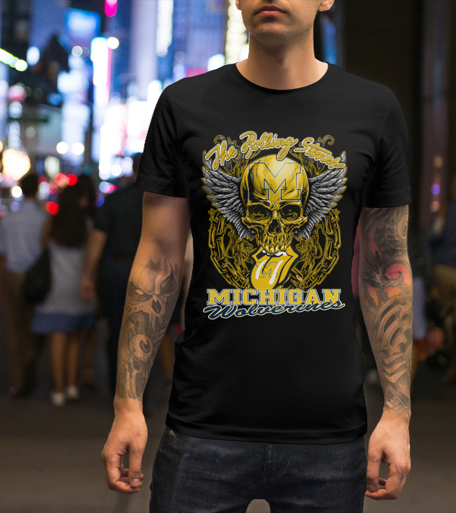 The Rolling Stones Michigan Wolverines Skull With Winged Helmet And Classic Tongue T-Shirt