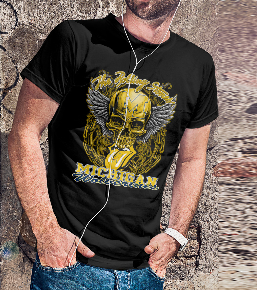 The Rolling Stones Michigan Wolverines Skull With Winged Helmet And Classic Tongue T-Shirt