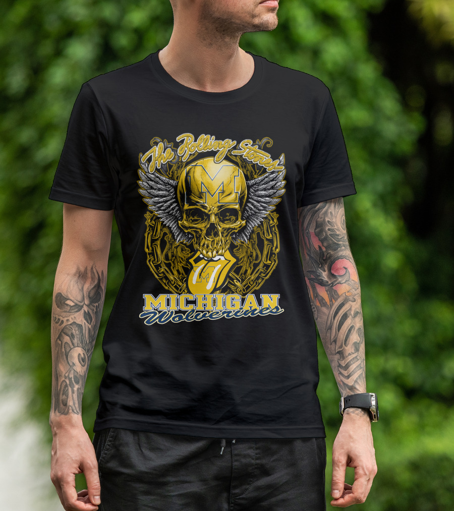 The Rolling Stones Michigan Wolverines Skull With Winged Helmet And Classic Tongue T-Shirt