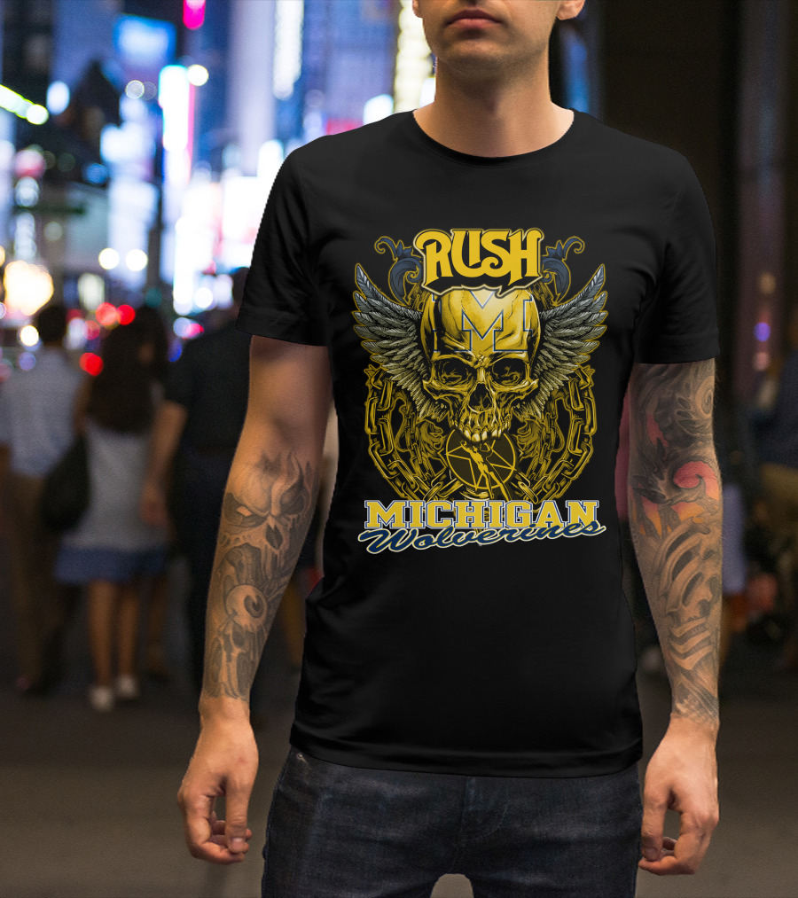 Rush Michigan Wolverines Skull Wings Chain T-Shirt