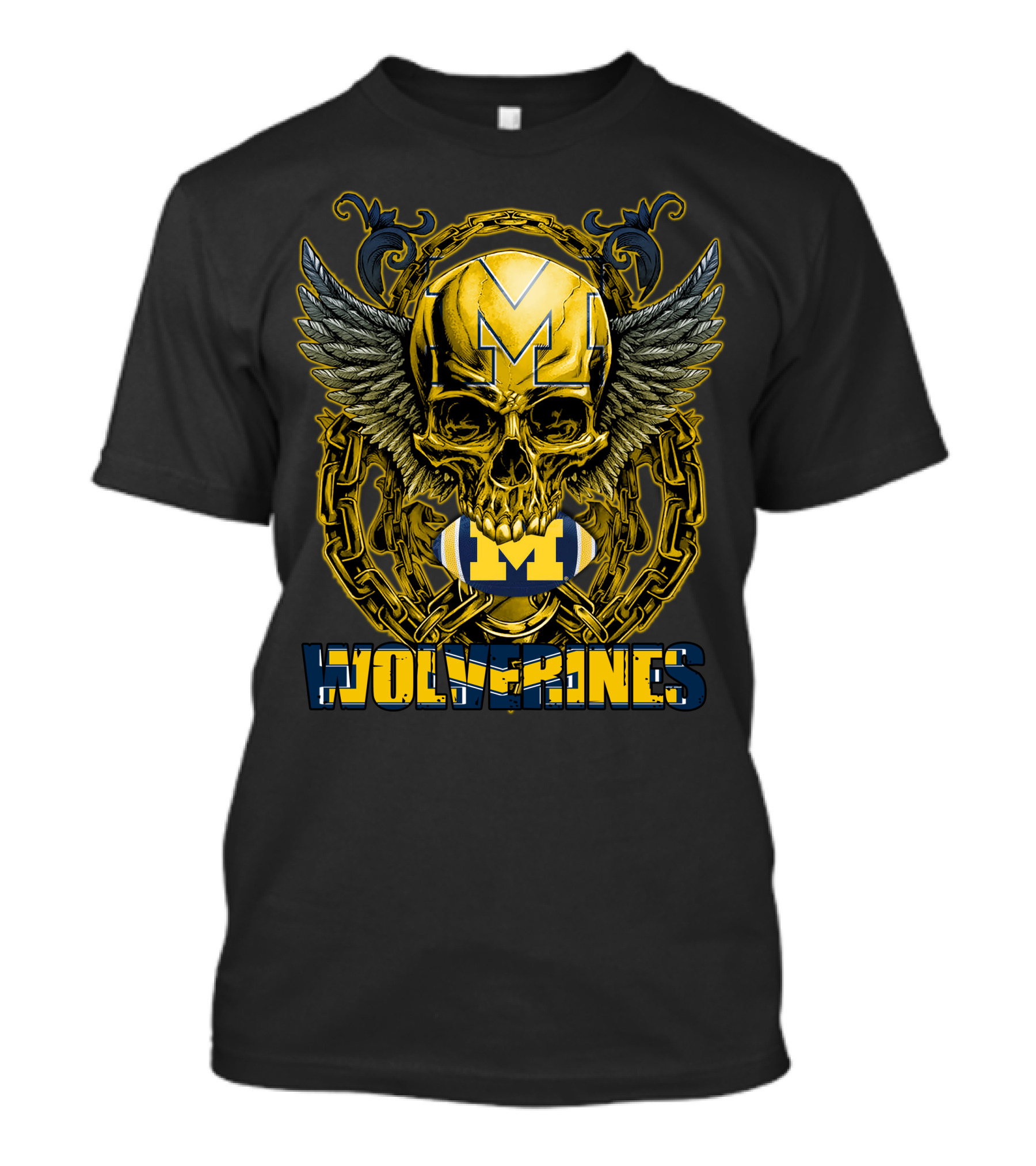 Skullfb Wolverines M Winged Skull And Football Michigan T-Shirt