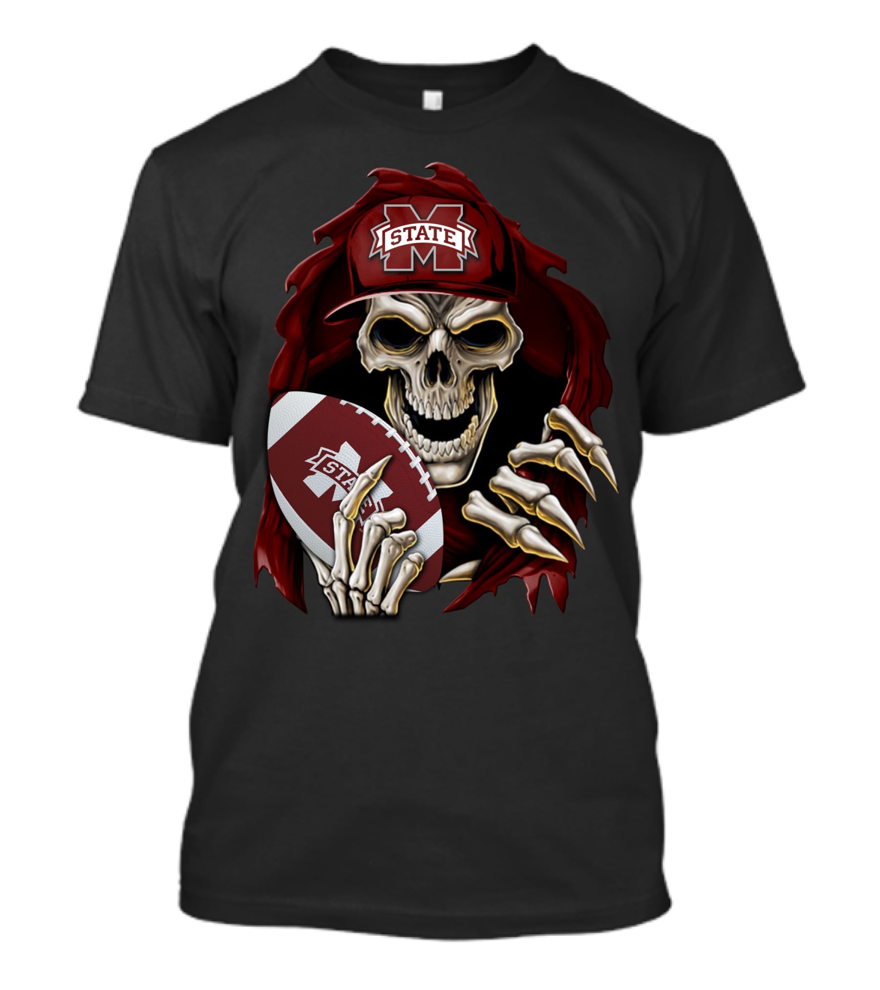 Skullbong Mississippi State Bulldogs Skeleton Holding Football T-Shirt