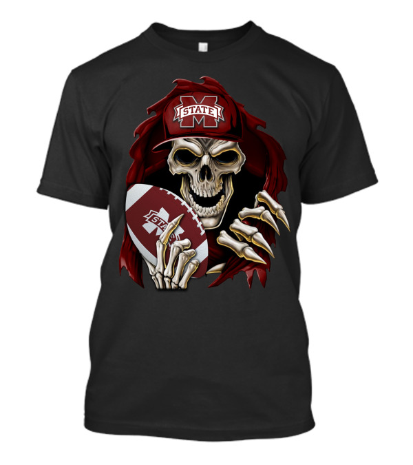 Skullbong Mississippi State Bulldogs Skeleton Holding Football T-Shirt