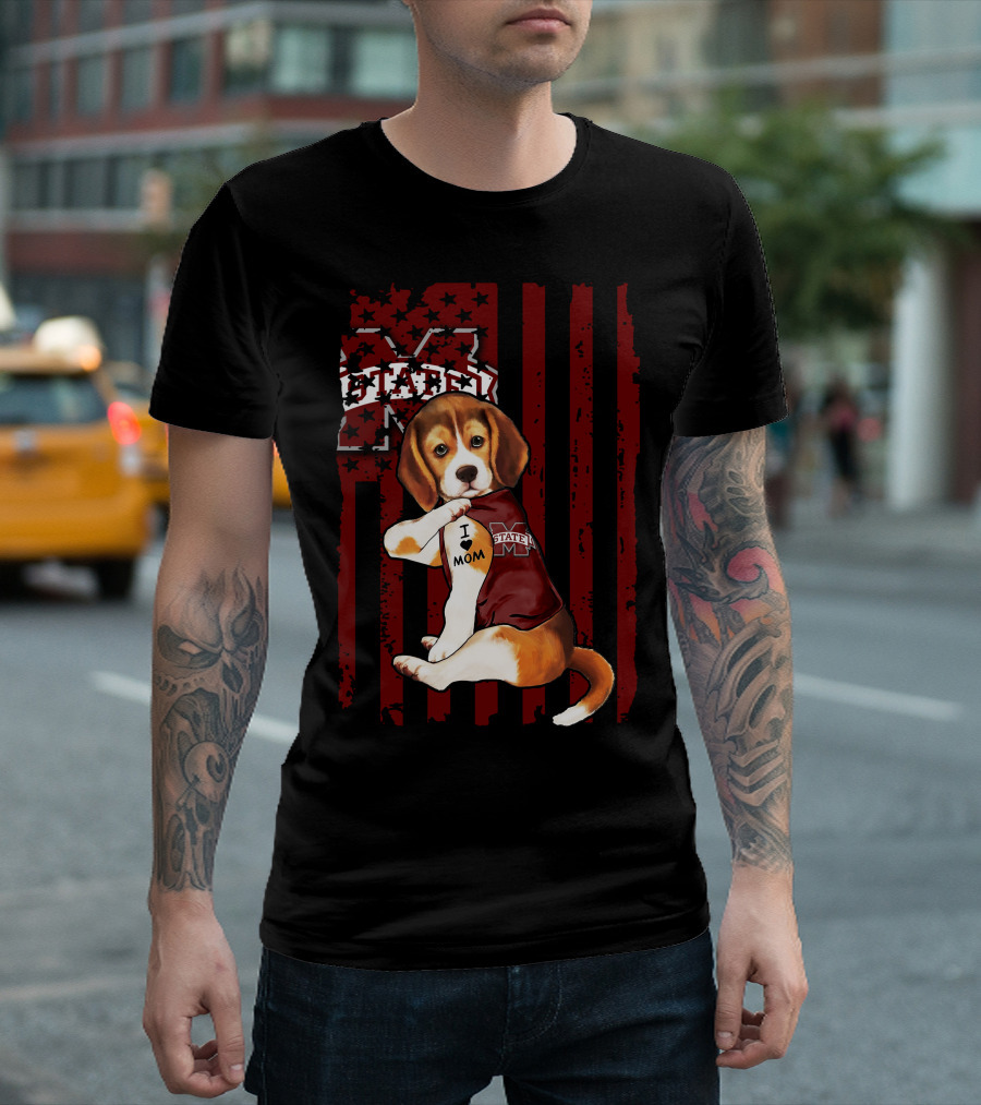 Mississippi State Bulldogs Beagle with I Love Mom Tattoo T-Shirt