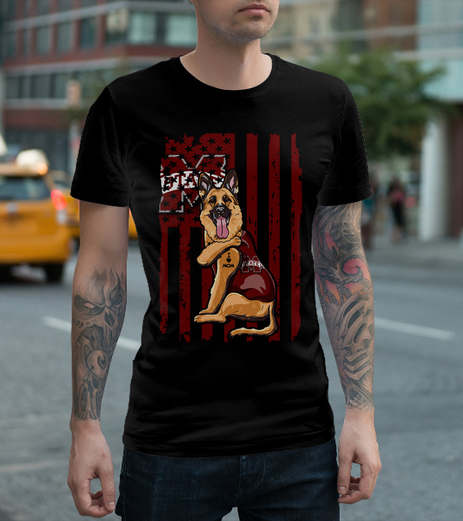 German Shepherd Mississippi State Bulldogs Flag I Love Mom T-Shirt