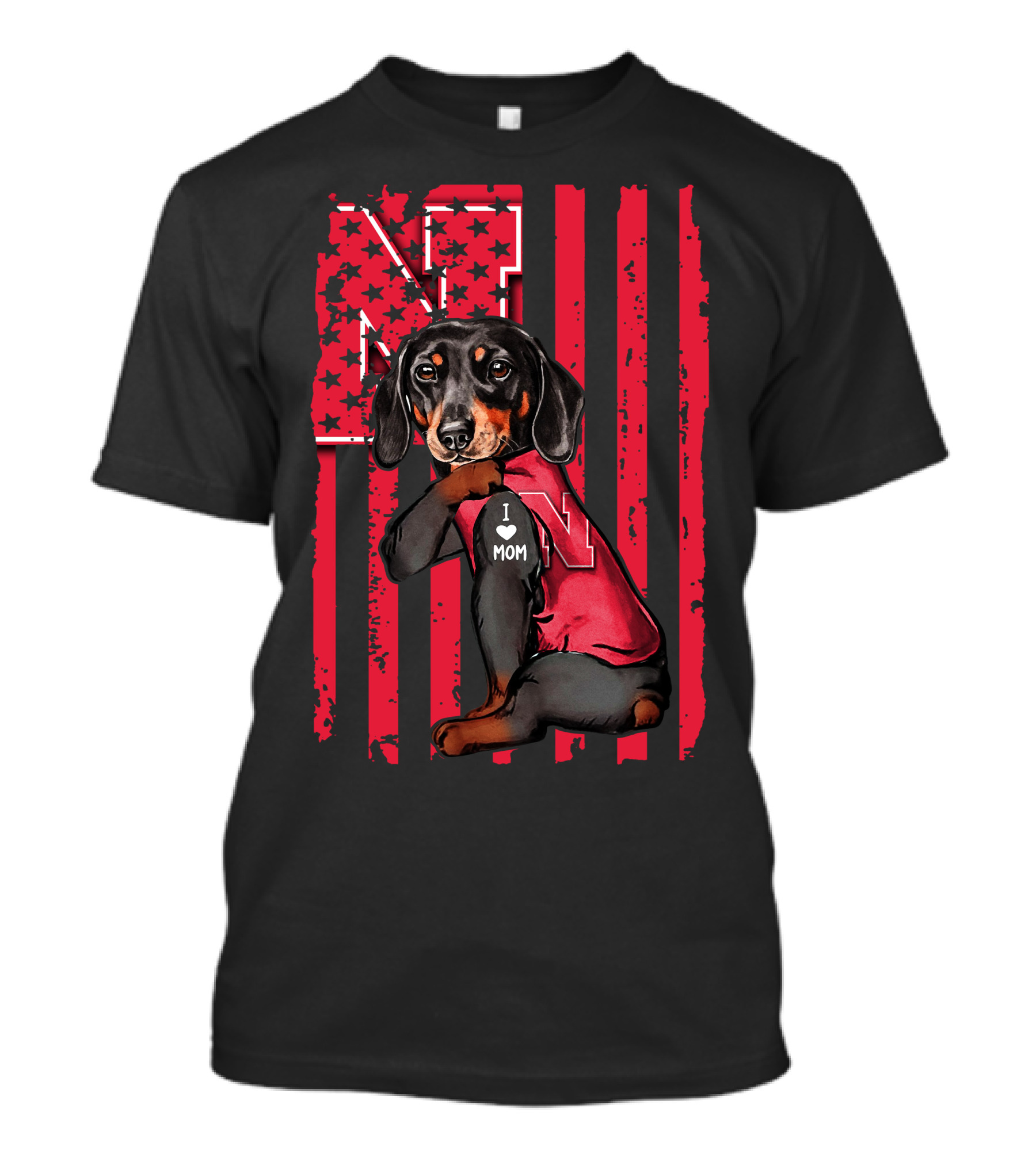 Dachshund I Love Mom Nebraska Cornhuskers USA Flag T-Shirt
