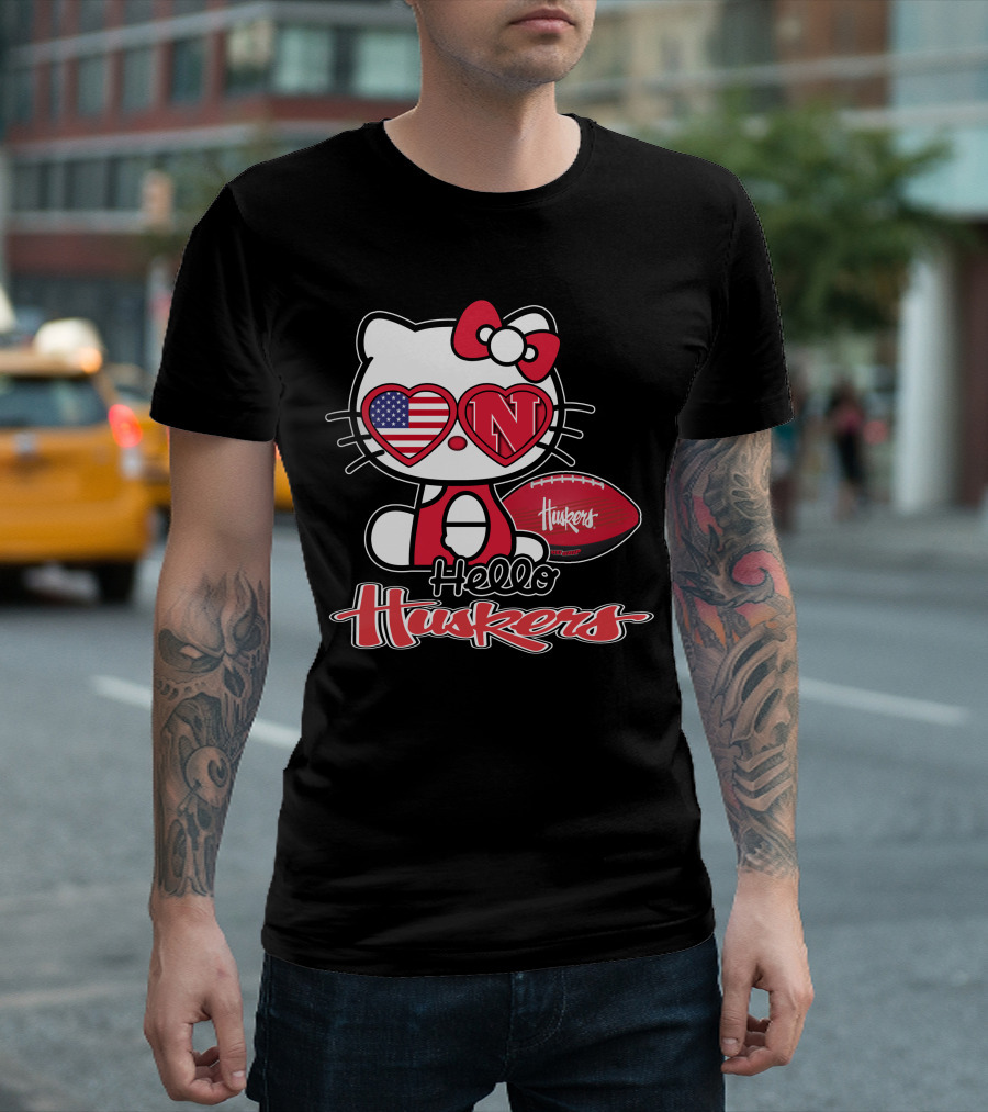 Hello Kitty Huskers Nebraska Football Heart Flag T-Shirt