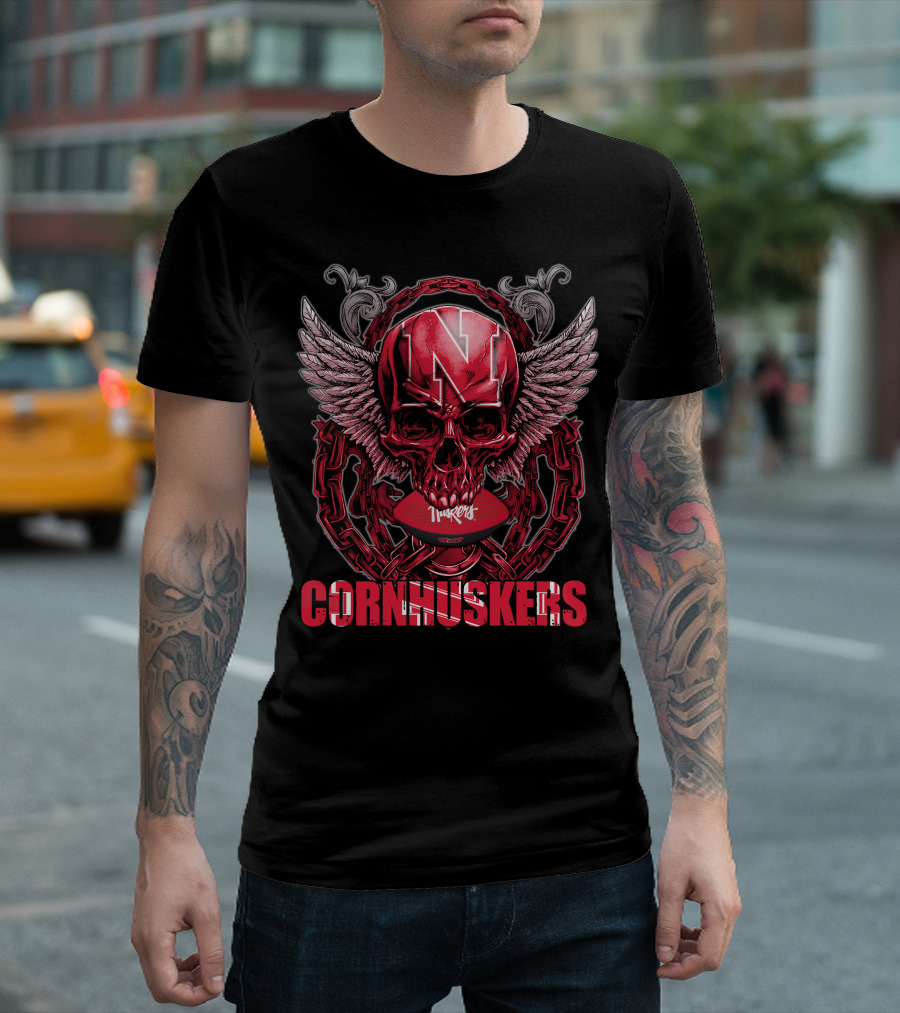 Nebraska Cornhuskers Winged Skull with Chain and Football Helmet Decor T-Shirt