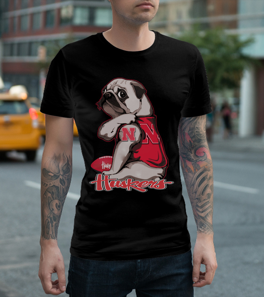 Pug Wearing Nebraska Cornhuskers Shirt and Football Huskers T-Shirt