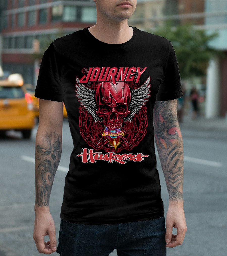 Journey Nebraska Cornhuskers Huskers Skull Winged Flame T-Shirt