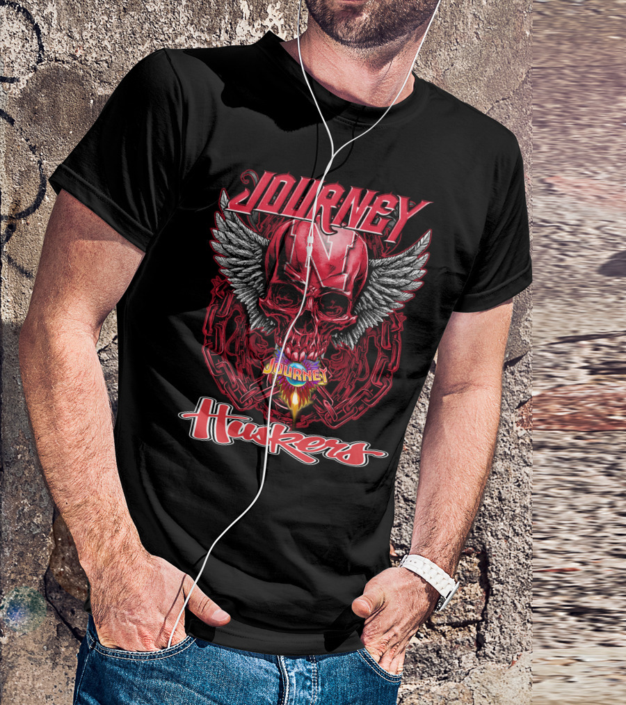 Journey Nebraska Cornhuskers Huskers Skull Winged Flame T-Shirt