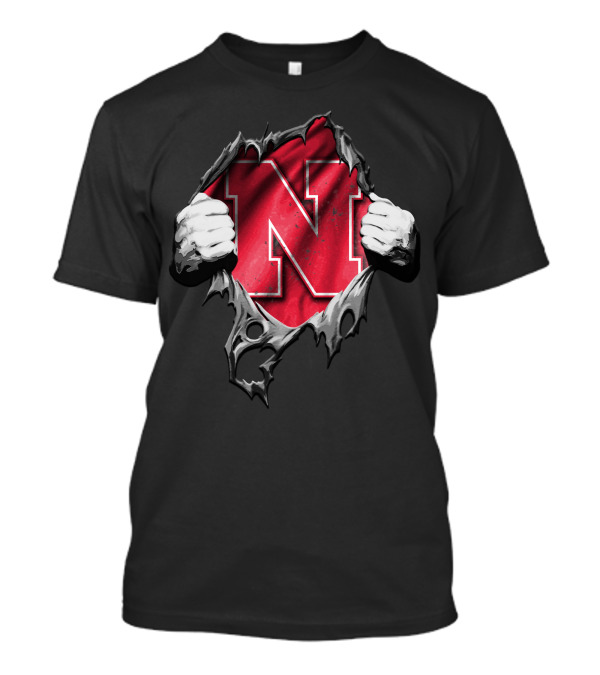 Torn Nebraska Huskers Bold N Emblem Peeking Through Ripped T-Shirt