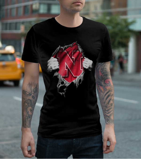 Torn Nebraska Huskers Bold N Emblem Peeking Through Ripped T-Shirt