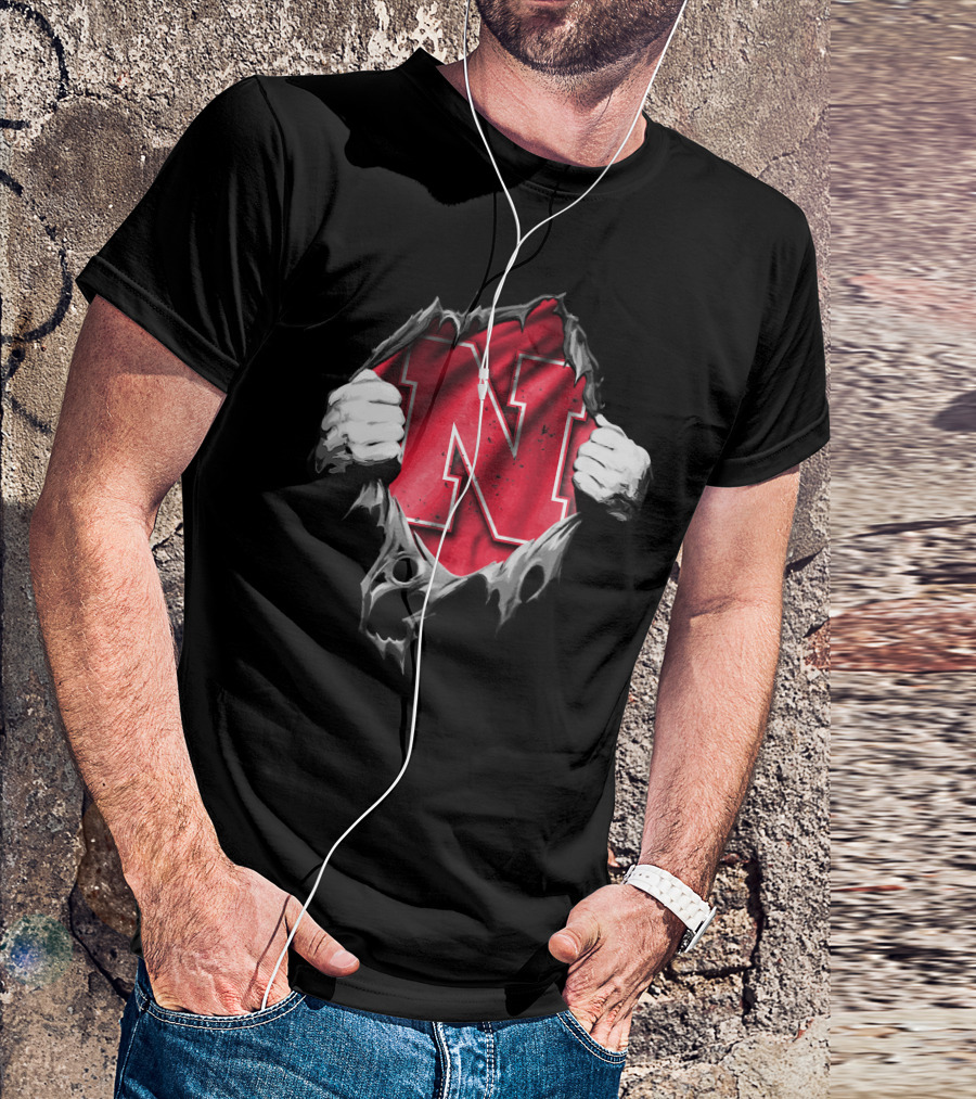 Torn Nebraska Huskers Bold N Emblem Peeking Through Ripped T-Shirt