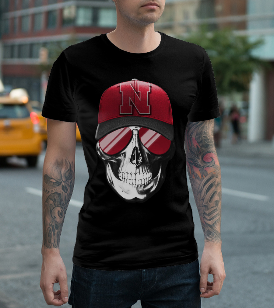 Skull Wearing Nebraska Cornhuskers Red N Cap with Sunglasses T-Shirt