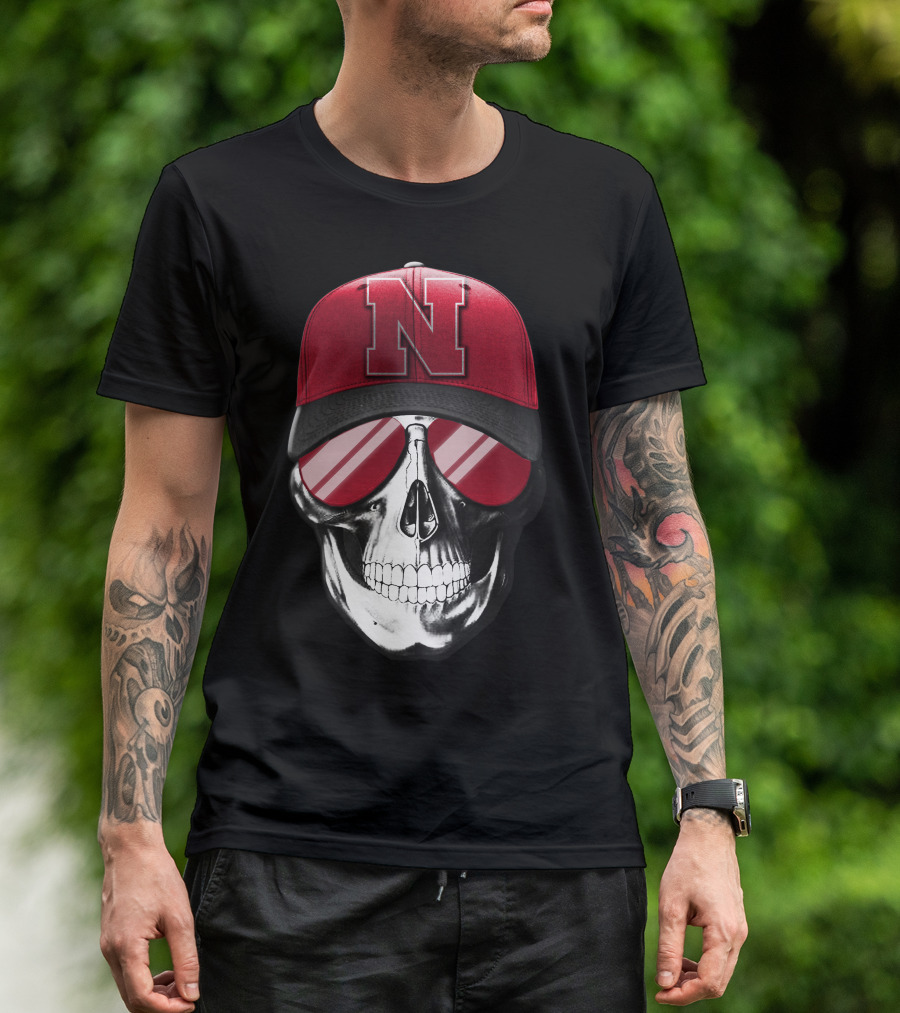 Skull Wearing Nebraska Cornhuskers Red N Cap With Sunglasses T-Shirt