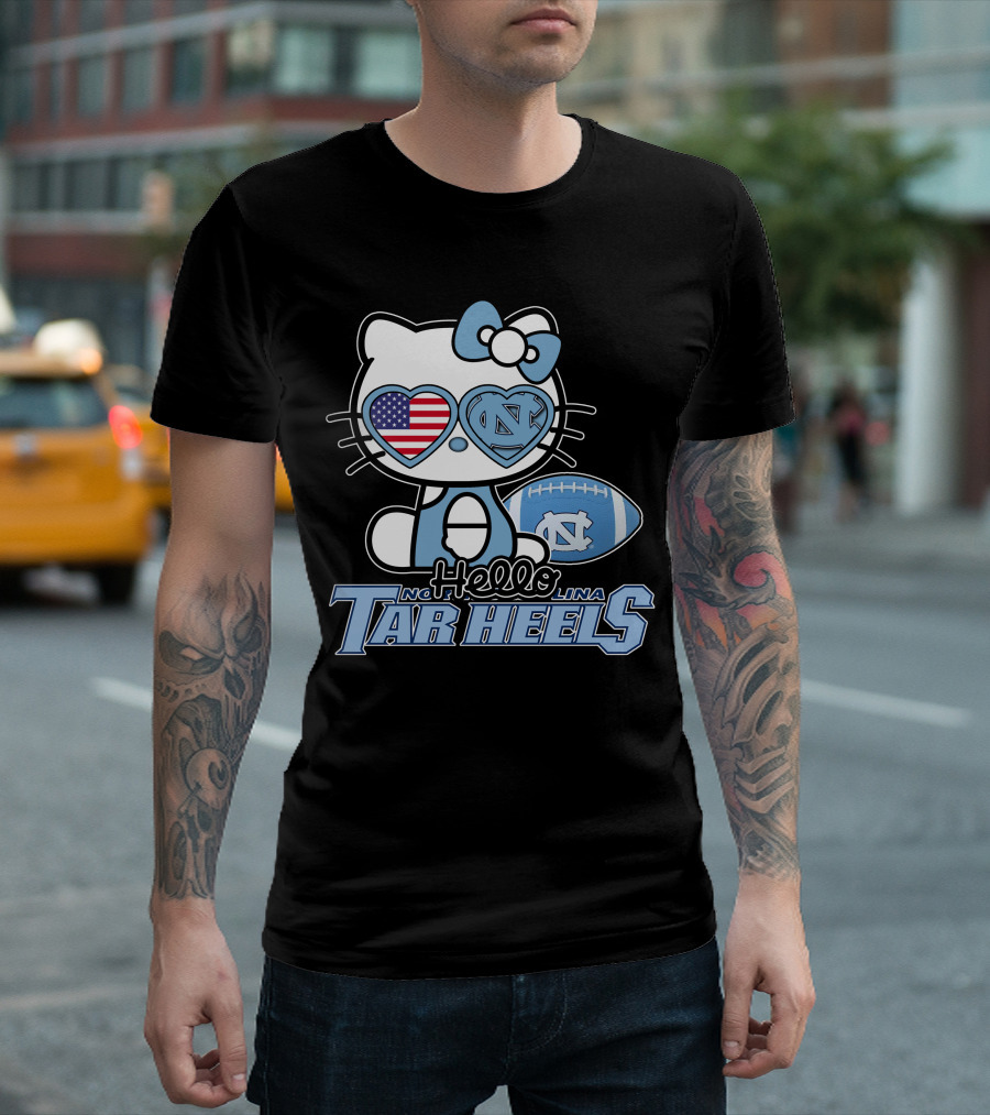 Hello Kitty North Carolina Tar Heels Football American Flag Heart T-Shirt