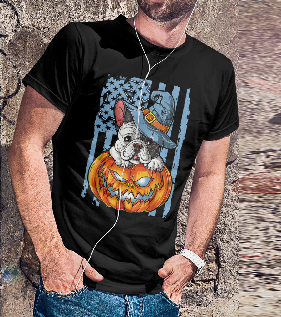 Bulldog With Witch Hat On Jack-o'-Lantern North Carolina Tar Heels Halloween T-Shirt