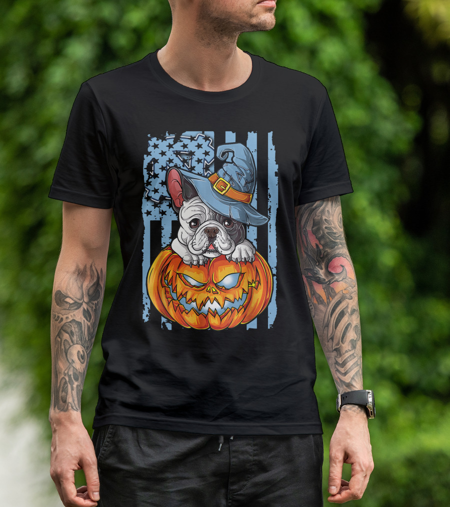 Bulldog With Witch Hat On Jack-o'-Lantern North Carolina Tar Heels Halloween T-Shirt