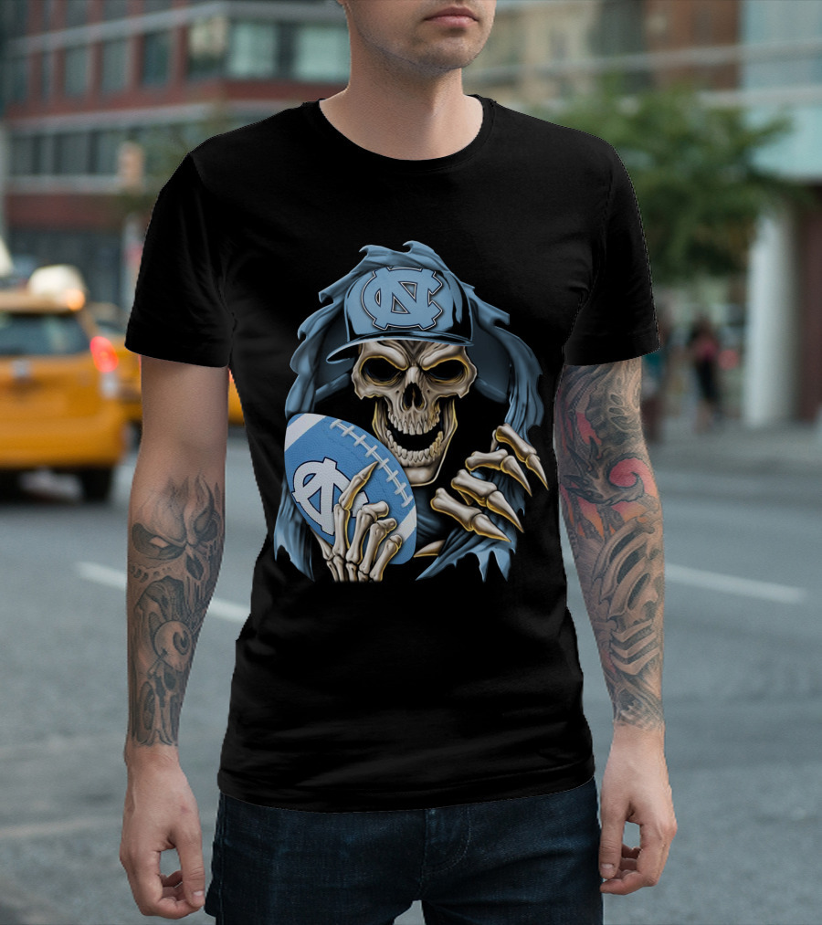 Skullbong North Carolina Tar Heels Skeleton Football Fan with Cap and Ball T-Shirt