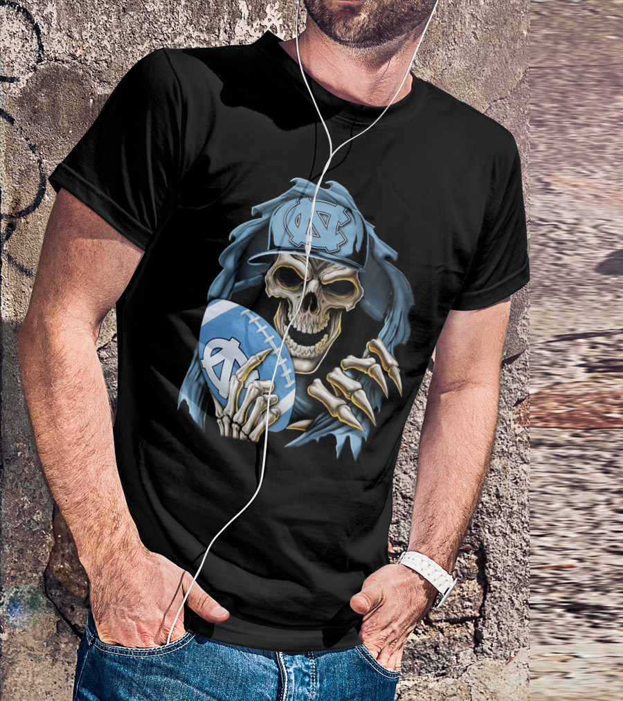 Skullbong North Carolina Tar Heels Skeleton Football Fan With Cap And Ball T-Shirt