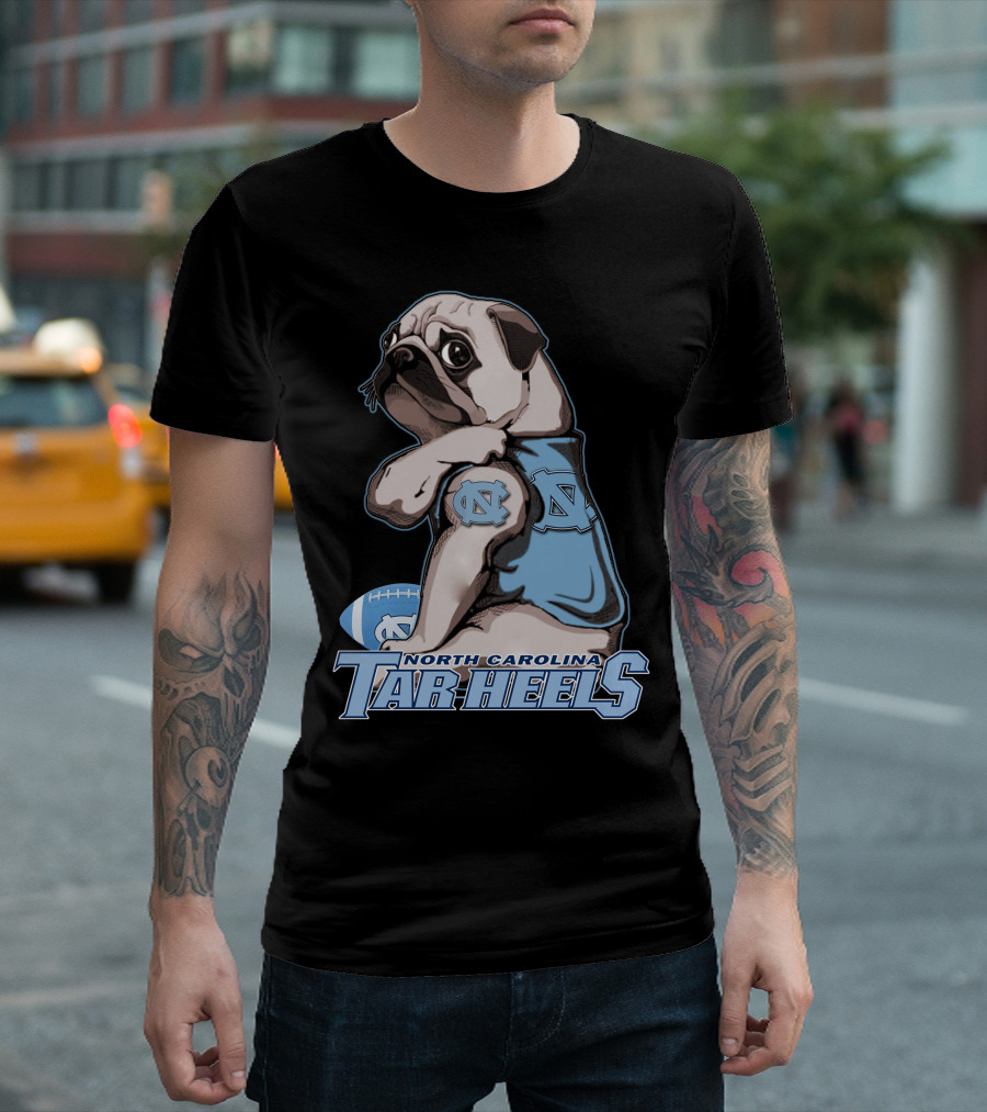 Pug Wearing North Carolina Tar Heels Sports Jersey With Football T-Shirt