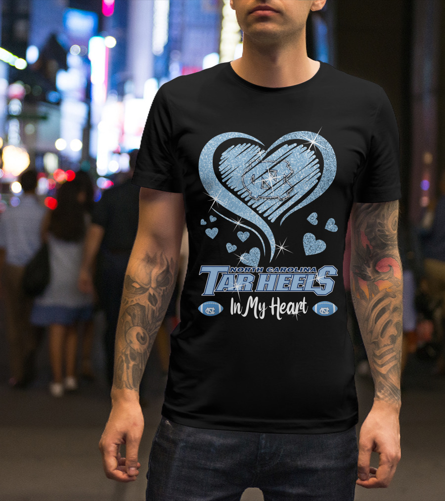 North Carolina Tar Heels In My Heart Sparkling Logo And Footballs T-Shirt