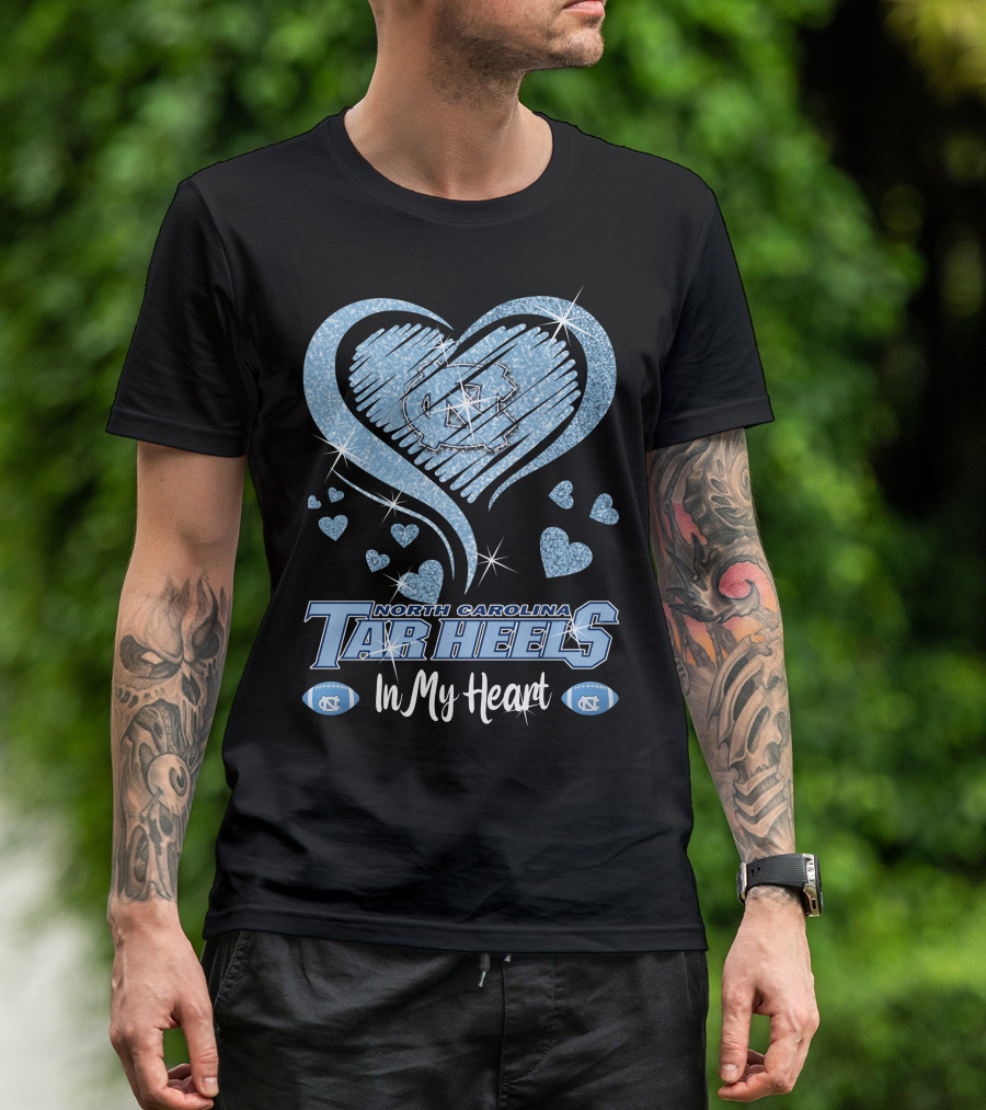 North Carolina Tar Heels In My Heart Sparkling Logo And Footballs T-Shirt