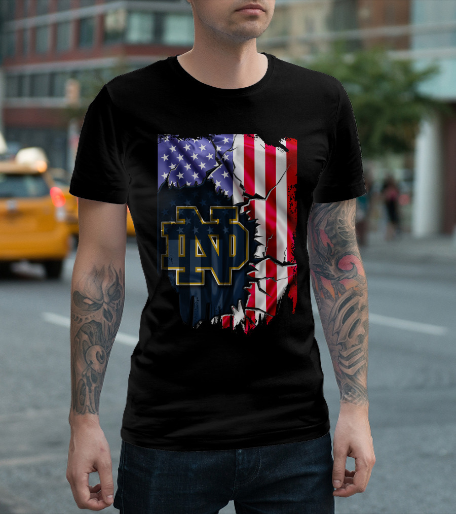 American Flag with Notre Dame ND Monogram Fighting Irish T-Shirt