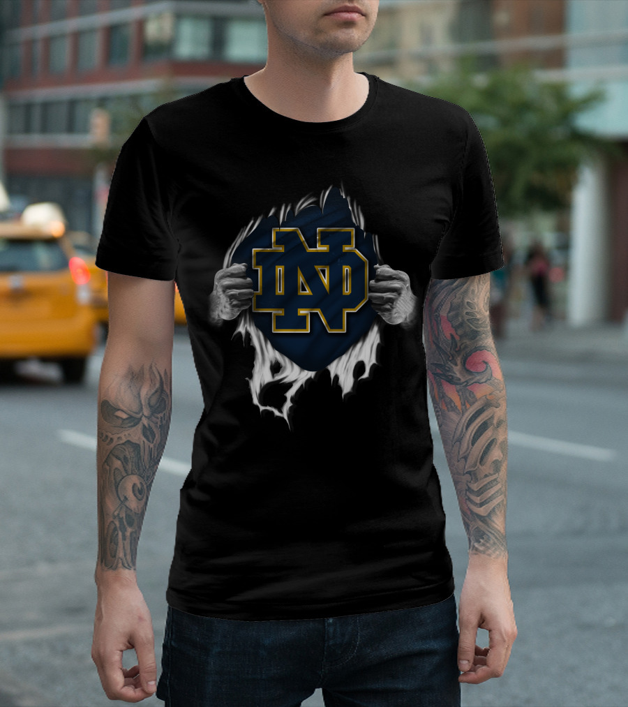 Torn Notre Dame Fighting Irish ND Logo Peeking Through Ripped Fabric with Hands T-Shirt
