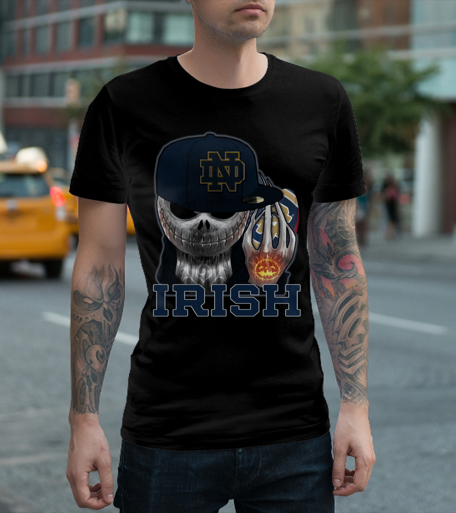 Notre Dame ND Irish Jackskull Pumpkin Football T-Shirt