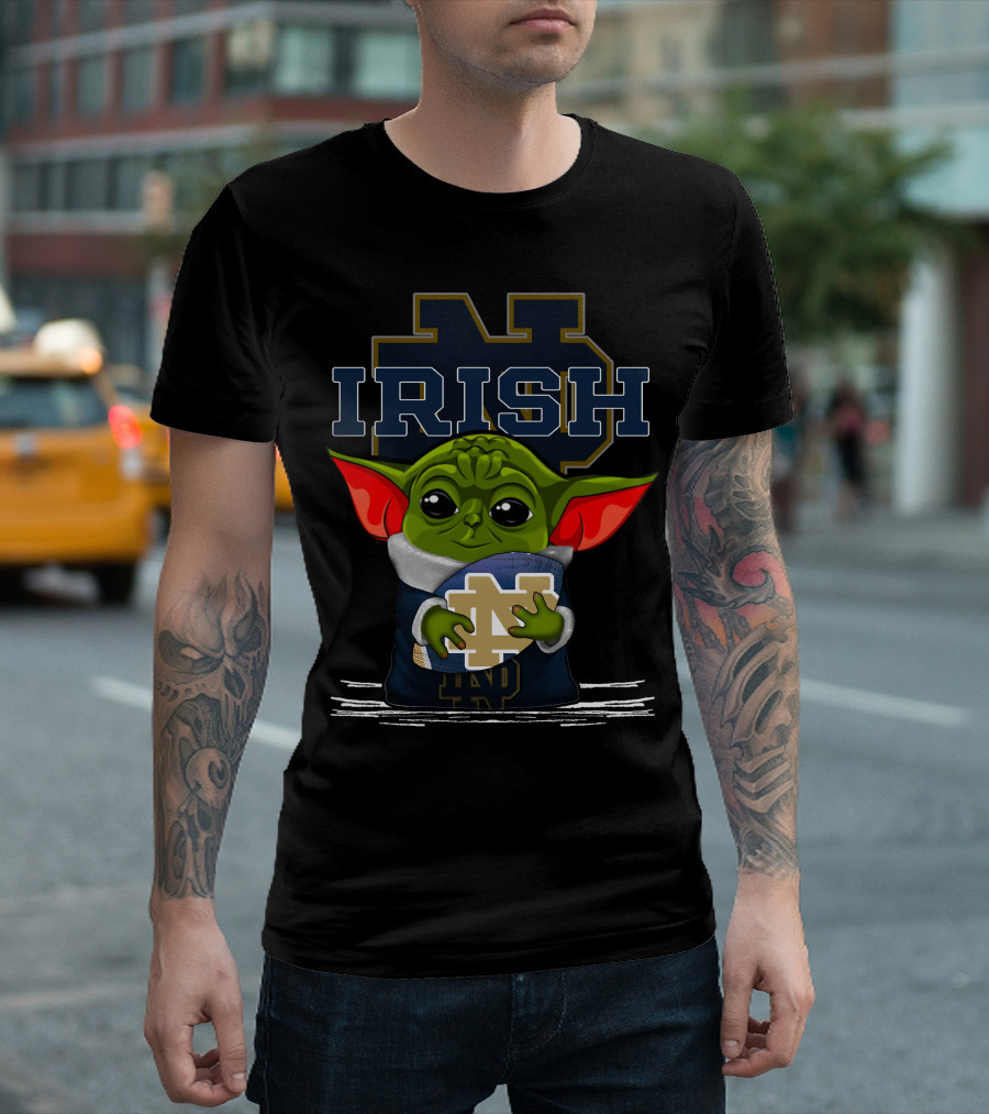 Yoda Notre Dame Irish Baby Holding Notre Dame Football T-Shirt