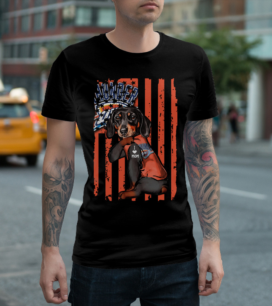 Dachshund Wearing Oklahoma City Thunder Shirt with I Love Mom Tag T-Shirt