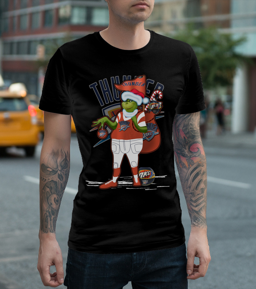 Grinchxmas Oklahoma City Thunder Holiday Basketball Character With Candy Cane And Santa Hat T-Shirt
