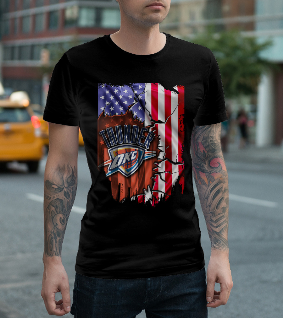 USA Flag Rip with Oklahoma City Thunder OKC Basketball T-Shirt