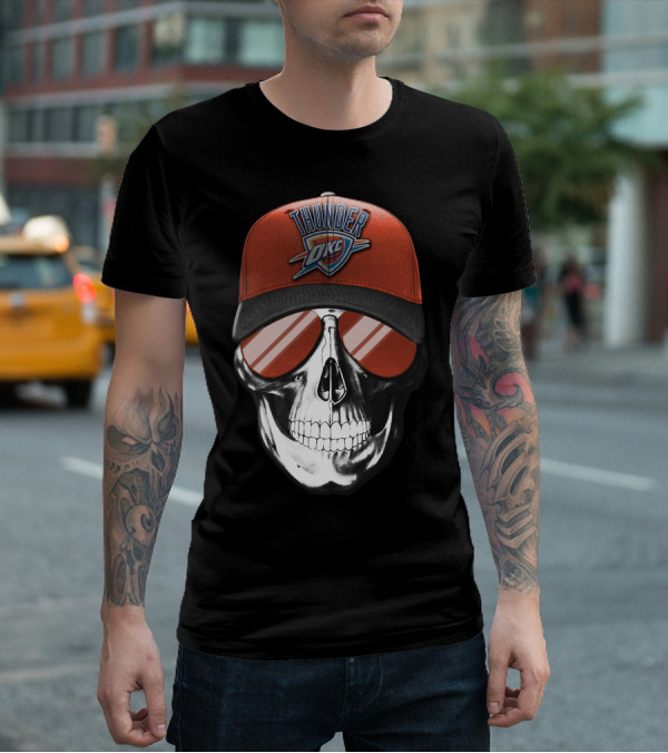 Skull With Oklahoma City Thunder Cap And Sunglasses T-Shirt