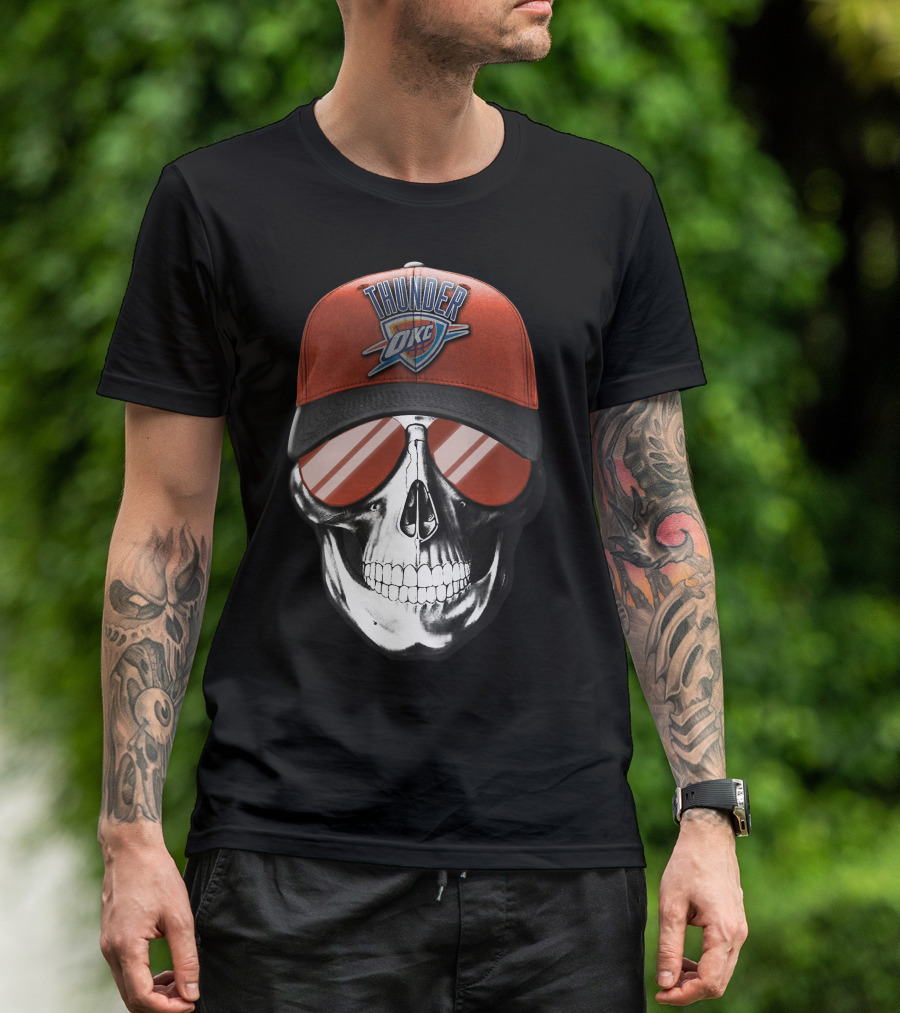 Skull With Oklahoma City Thunder Cap And Sunglasses T-Shirt