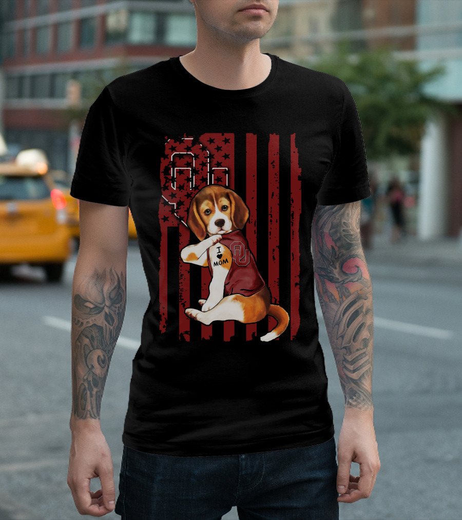 Beagle Puppy I Love Mom Oklahoma Sooners OU Red Stripes Stars T-Shirt
