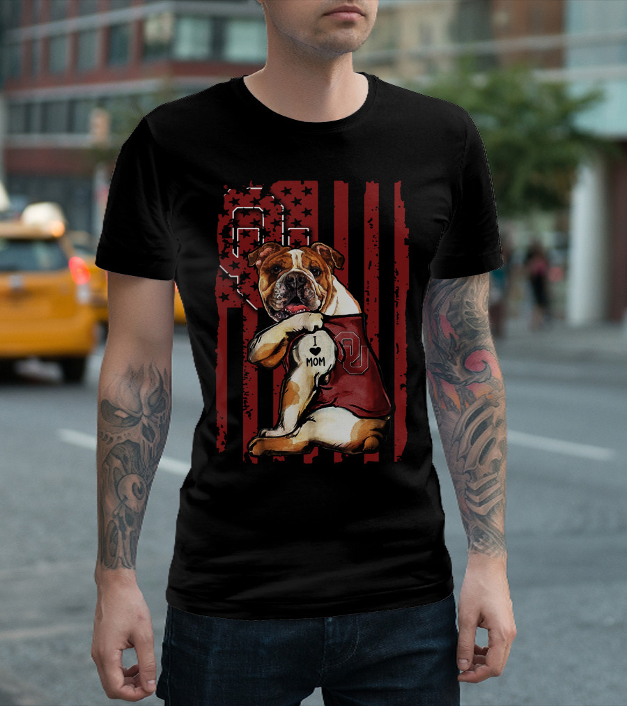 Bulldog With Oklahoma Sooners Love For Mom In American Flag T-Shirt